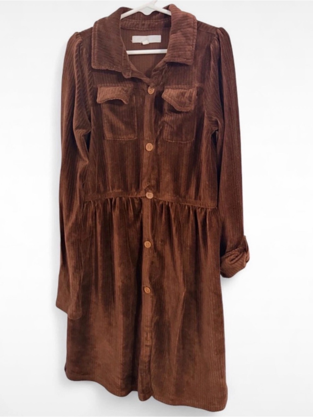 Girls Brown Corduroy Button-Front Dress